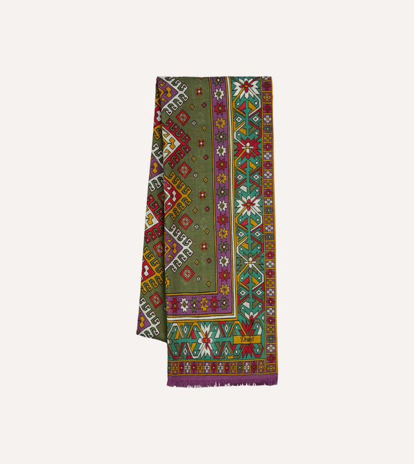 drake's Green and Purple Kilim Print Tubular Wool Silk Scarf