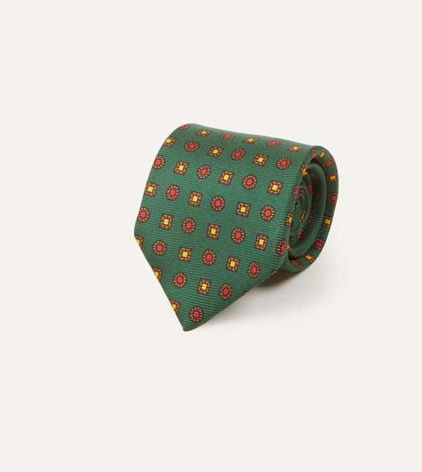 Drake's Green And Red Geometric Medallion Print Madder Twill Silk Tie