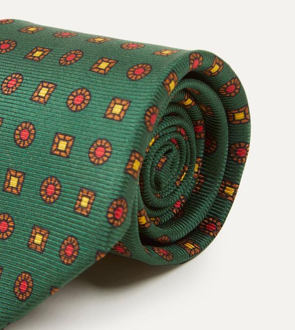Drake's Green And Red Geometric Medallion Print Madder Twill Silk Tie