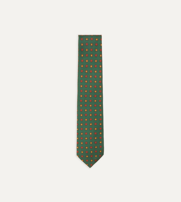 drake's Green and Red Geometric Medallion Print Madder Twill Silk Tie