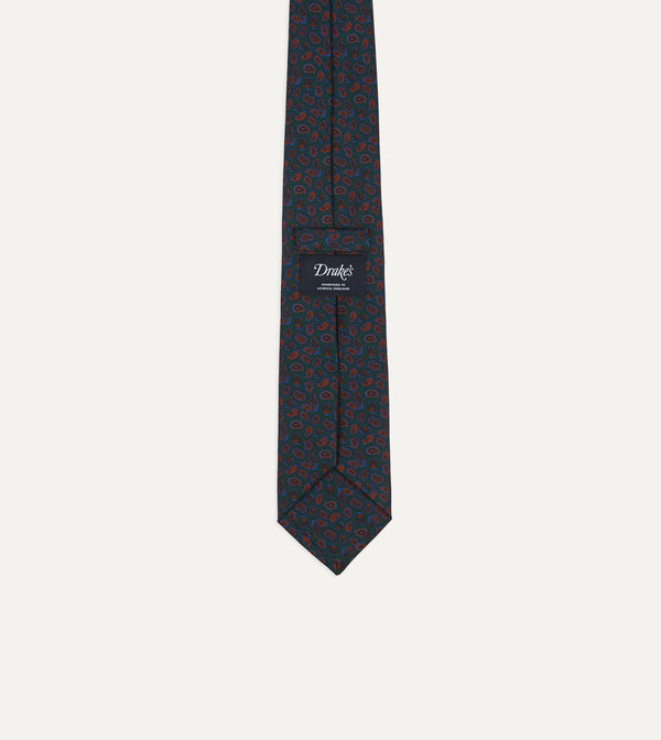 Drake's Green And Red Paisley Print Silk Twill Self Tipped Tie