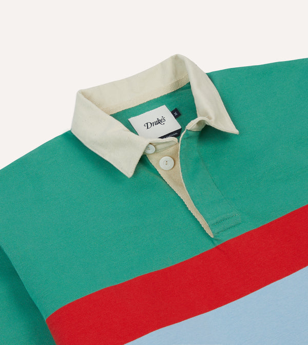 Drake's Green Blue And Red Centre Stripe Cotton Rugby Shirt