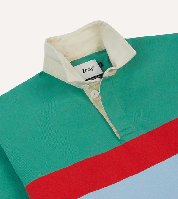 Drake's Green Blue And Red Centre Stripe Cotton Rugby Shirt