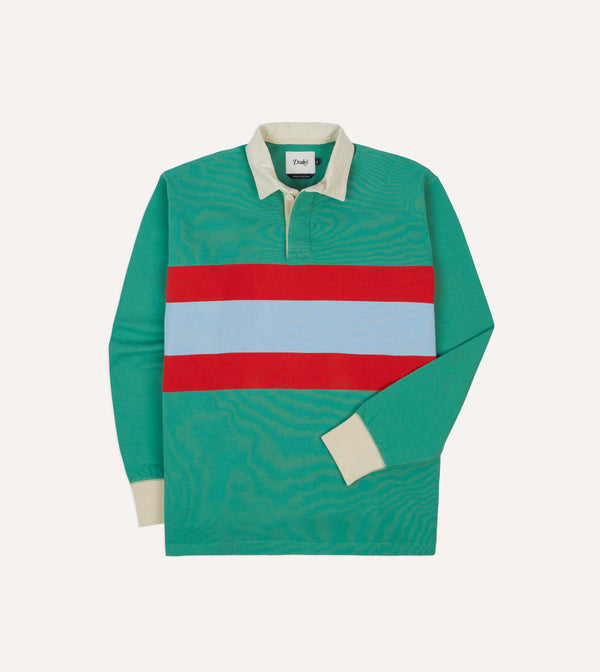 drake's Green Blue and Red Centre Stripe Cotton Rugby Shirt