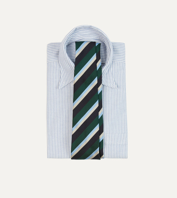 Drake's Green Blue And White Multi Stripe Mogador Silk Tipped Tie
