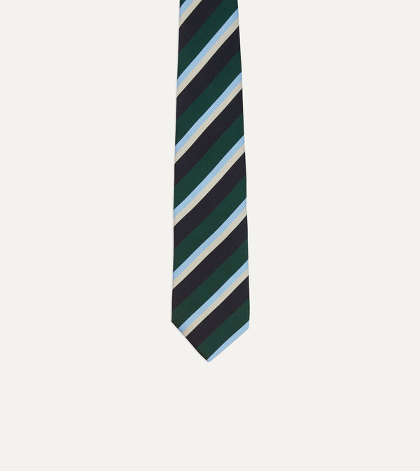 Drake's Green Blue And White Multi Stripe Mogador Silk Tipped Tie