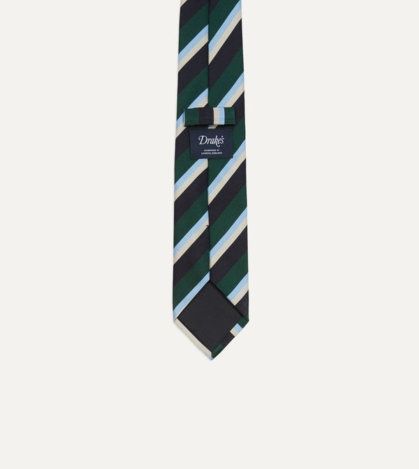 Drake's Green Blue And White Multi Stripe Mogador Silk Tipped Tie