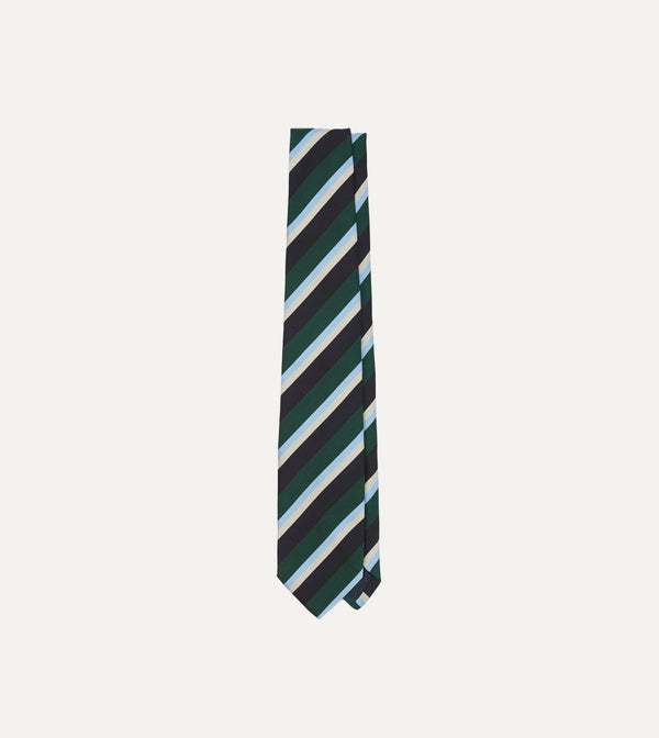 drake's Green Blue and White Multi Stripe Mogador Silk Tipped Tie