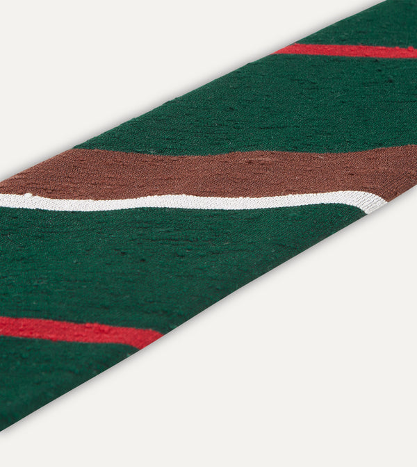 Drake's Green Brown And White Stripe Shantung Silk Tie