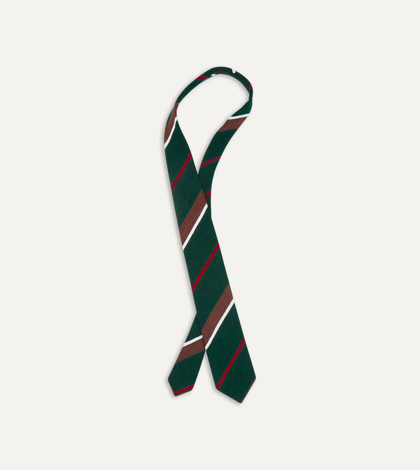 Drake's Green Brown And White Stripe Shantung Silk Tie