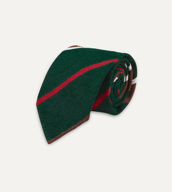 Drake's Green Brown And White Stripe Shantung Silk Tie