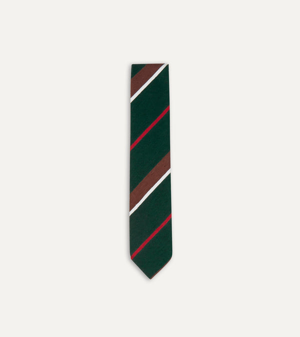 drake's Green Brown and White Stripe Shantung Silk Tie