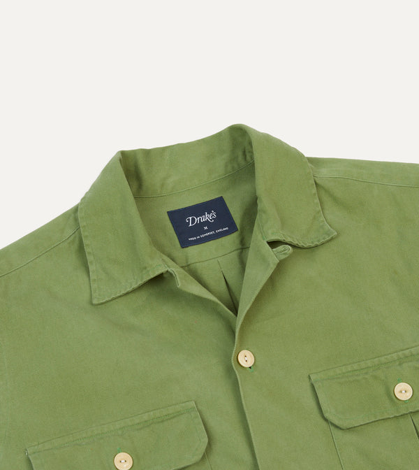 Drake's Green Brushed Cotton Twill Camp Collar Long Sleeve Shirt