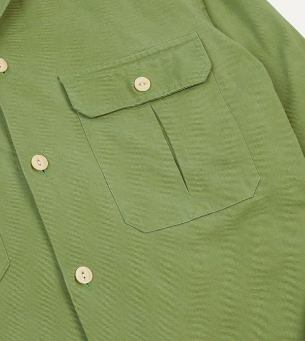 Drake's Green Brushed Cotton Twill Camp Collar Long Sleeve Shirt
