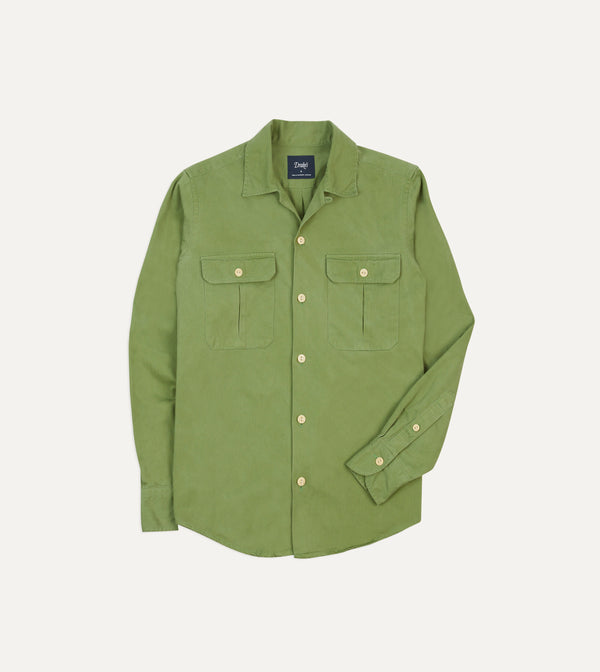 drake's Green Brushed Cotton Twill Camp Collar Long Sleeve Shirt