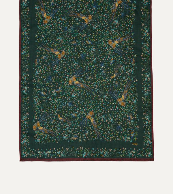 Drake's Green Floral Birds Of Paradise Print Wool-Silk Scarf