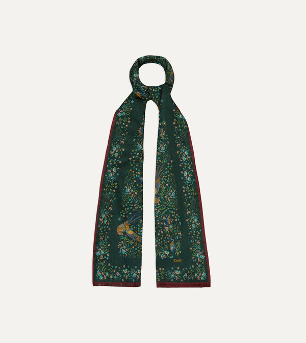Drake's Green Floral Birds Of Paradise Print Wool-Silk Scarf