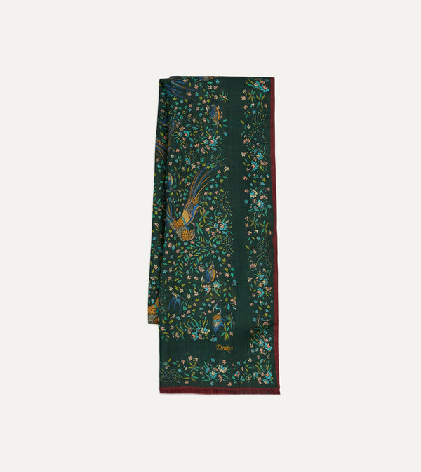drake's Green Floral Birds of Paradise Print Wool-Silk Scarf