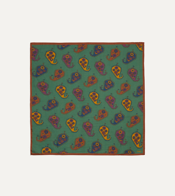 Drake's Green Flower Paisley Print Silk-Cotton Bandana