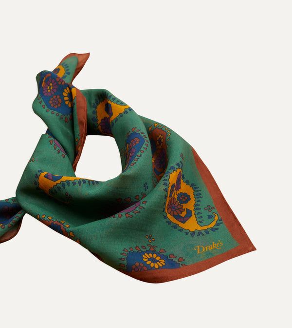 Drake's Green Flower Paisley Print Silk-Cotton Bandana