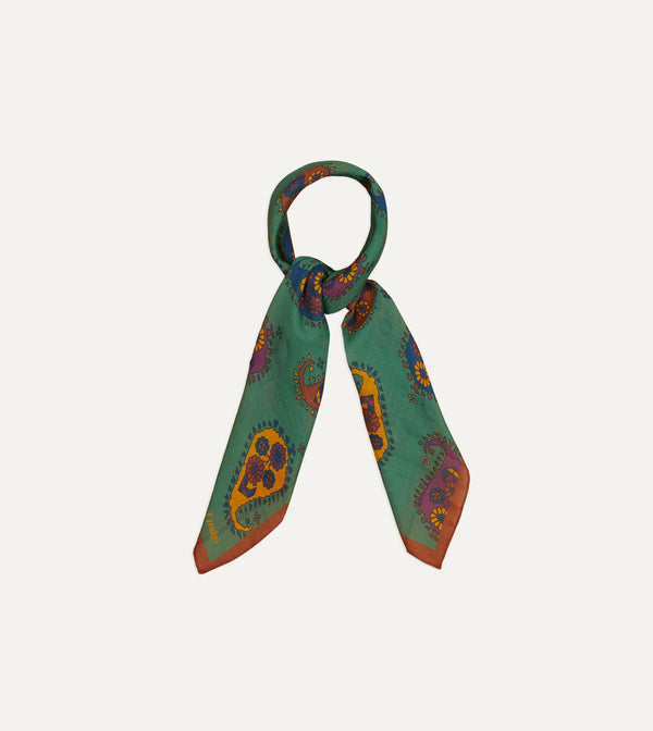 drake's Green Flower Paisley Print Silk-Cotton Bandana