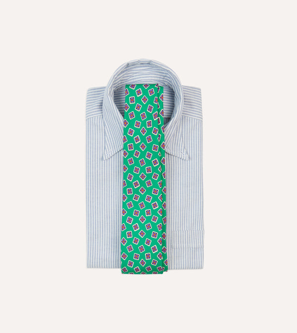 Drake's Green Jumbled Tile Print Silk Self Tipped Tie
