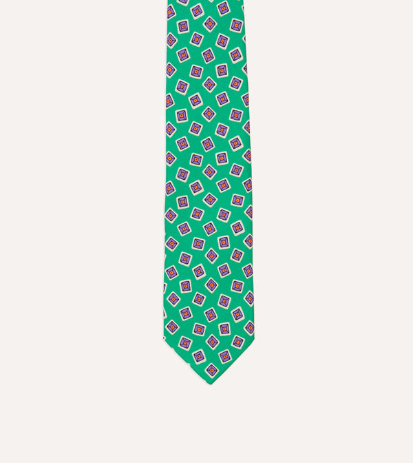 Drake's Green Jumbled Tile Print Silk Self Tipped Tie