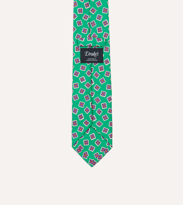 Drake's Green Jumbled Tile Print Silk Self Tipped Tie