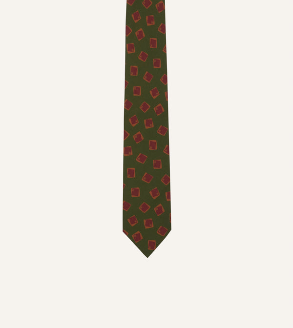 Drake's Green Jumbled Tile Print Silk Self Tipped Tie