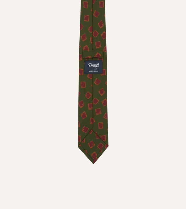 Drake's Green Jumbled Tile Print Silk Self Tipped Tie