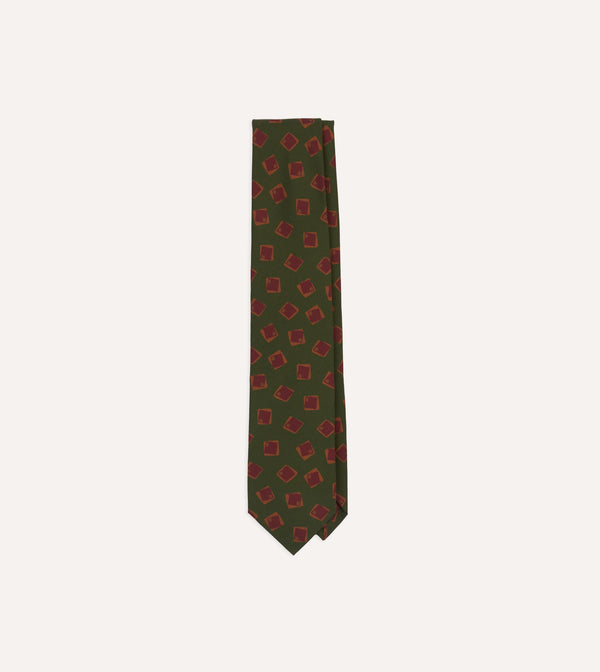 drake's Green Jumbled Tile Print Silk Self Tipped Tie