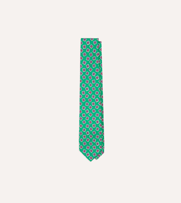 drake's Green Jumbled Tile Print Silk Self Tipped Tie