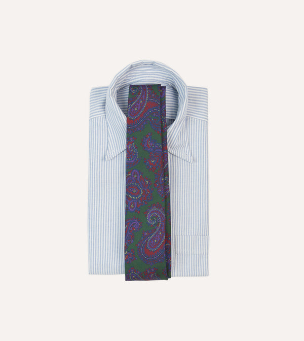 Drake's Green Large Paisley Print Madder Silk Self-Tipped Tie