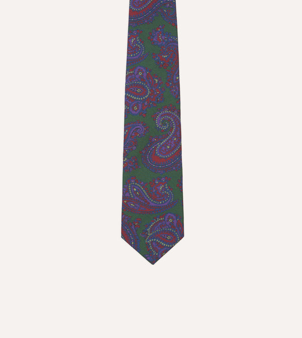 Drake's Green Large Paisley Print Madder Silk Self-Tipped Tie