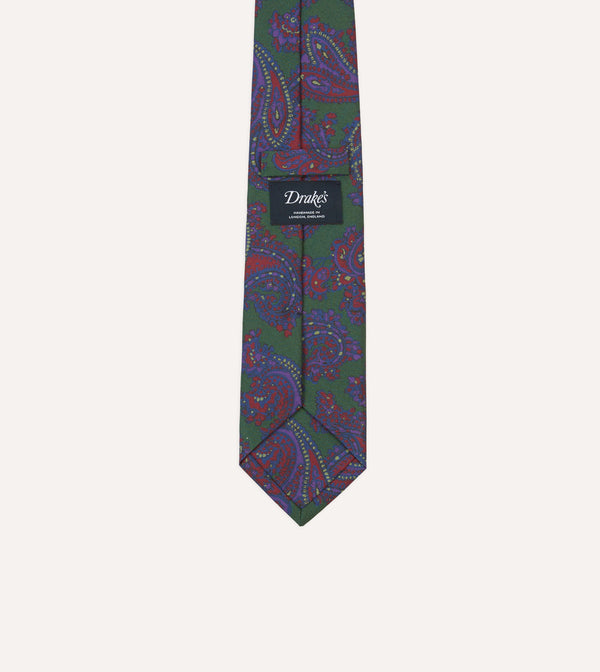 Drake's Green Large Paisley Print Madder Silk Self-Tipped Tie