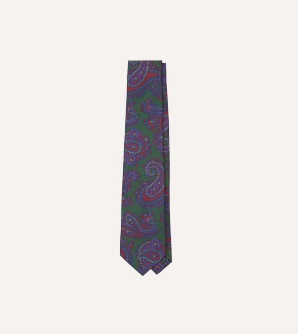 drake's Green Large Paisley Print Madder Silk Self-Tipped Tie