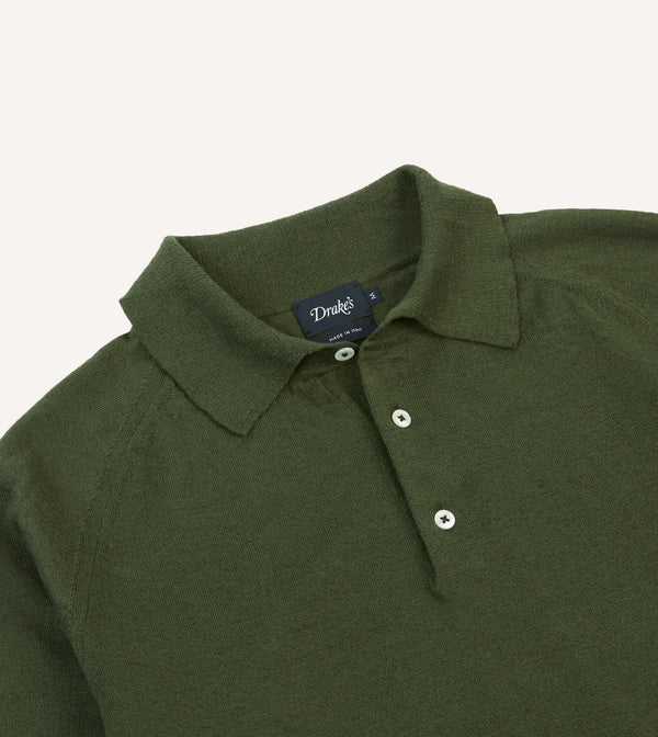 Drake's Green Linen-Cotton Knitted Long-Sleeve Polo Shirt