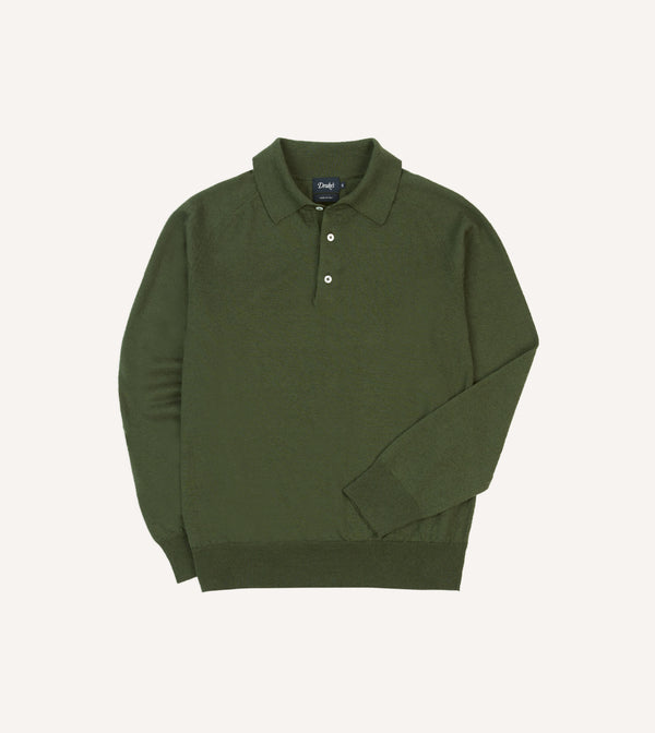 drake's Green Linen-Cotton Knitted Long-Sleeve Polo Shirt