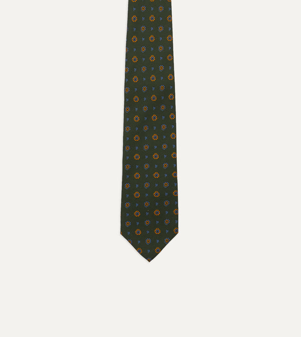 Drake's Green Medallion Print 36oz Madder Silk Self Tipped Tie