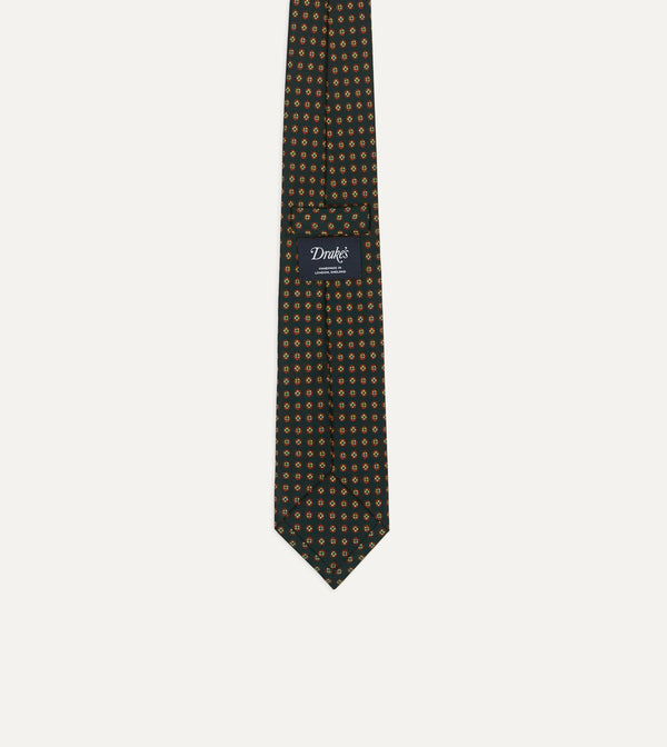 Drake's Green Micro Geometric Print Silk Self Tipped Tie