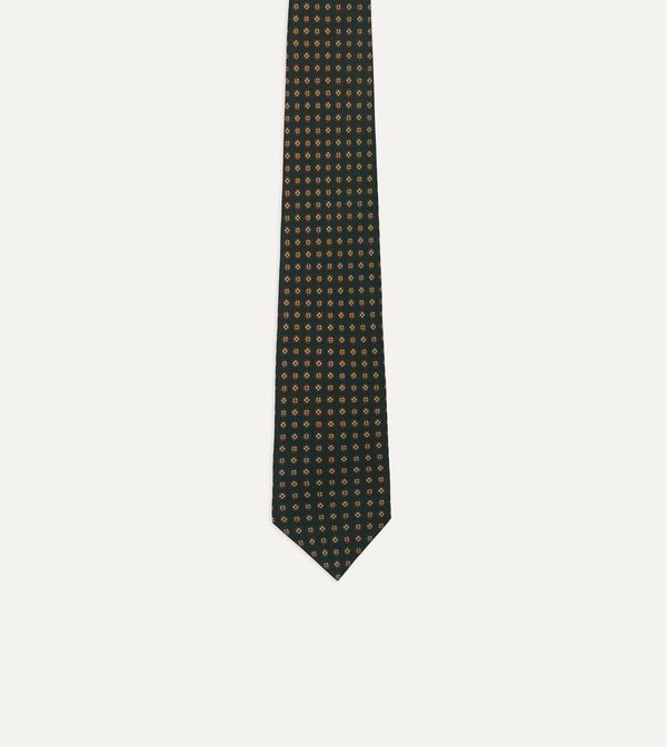 Drake's Green Micro Geometric Print Silk Self Tipped Tie