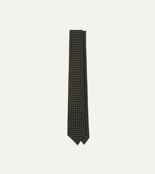 drake's Green Micro Geometric Print Silk Self Tipped Tie