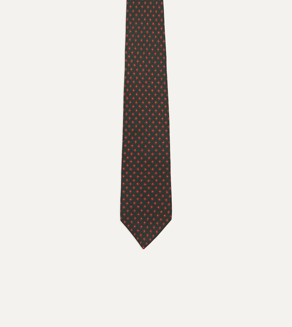 Drake's Green Micro Geometric Print Silk Twill Self Tipped Tie