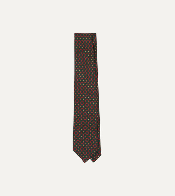 drake's Green Micro Geometric Print Silk Twill Self Tipped Tie