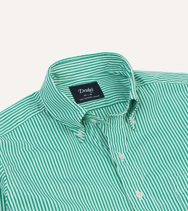 Drake's Green Narrow Stripe Cotton Poplin Button-Down Shirt