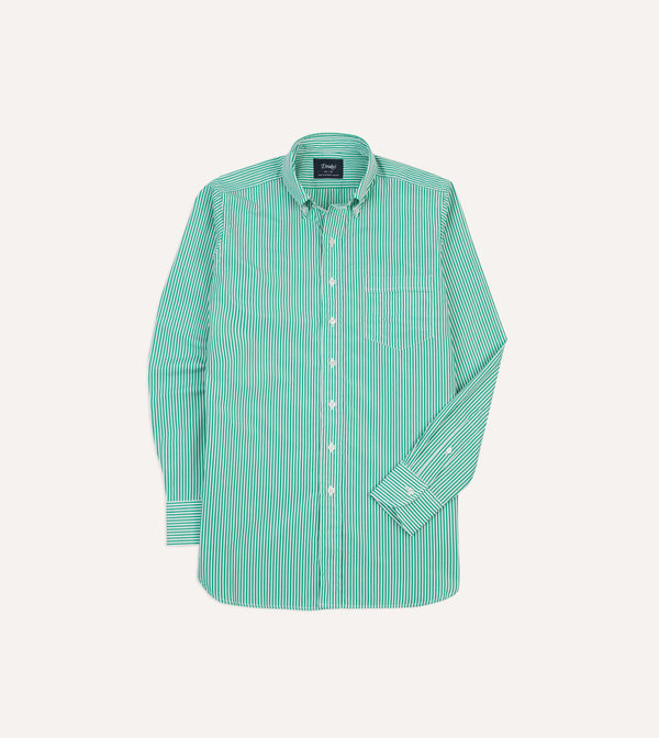 drake's Green Narrow Stripe Cotton Poplin Button-Down Shirt