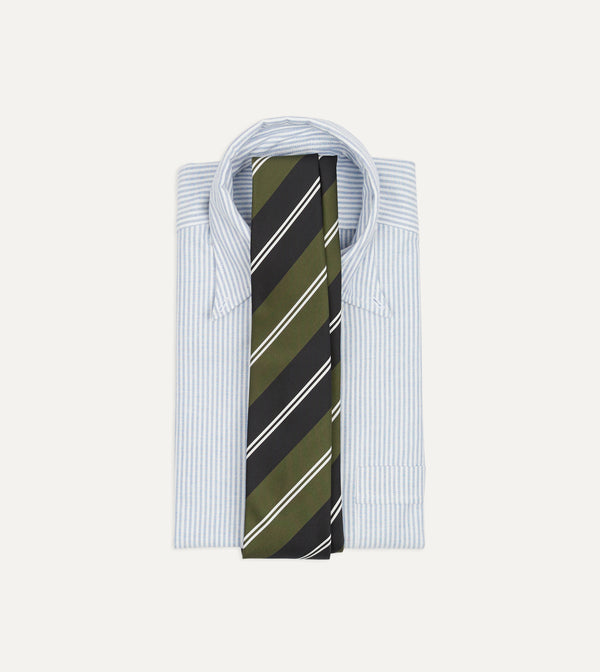 Drake's Green Navy And White Regimental Stripe Mogador Tipped Tie