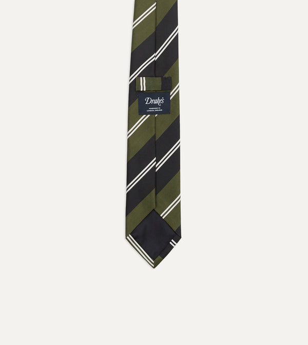 Drake's Green Navy And White Regimental Stripe Mogador Tipped Tie