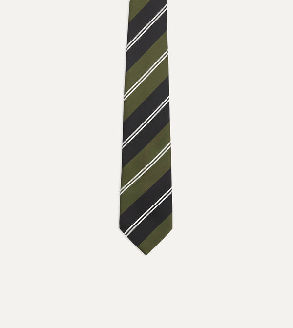Drake's Green Navy And White Regimental Stripe Mogador Tipped Tie