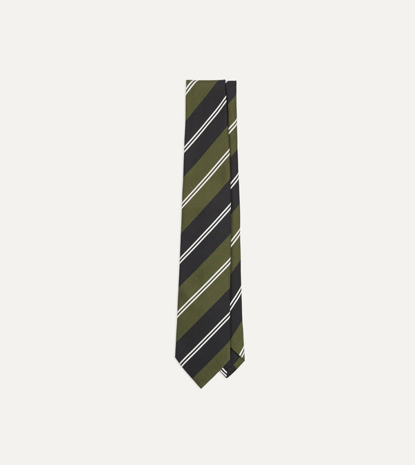 drake's Green Navy and White Regimental Stripe Mogador Tipped Tie